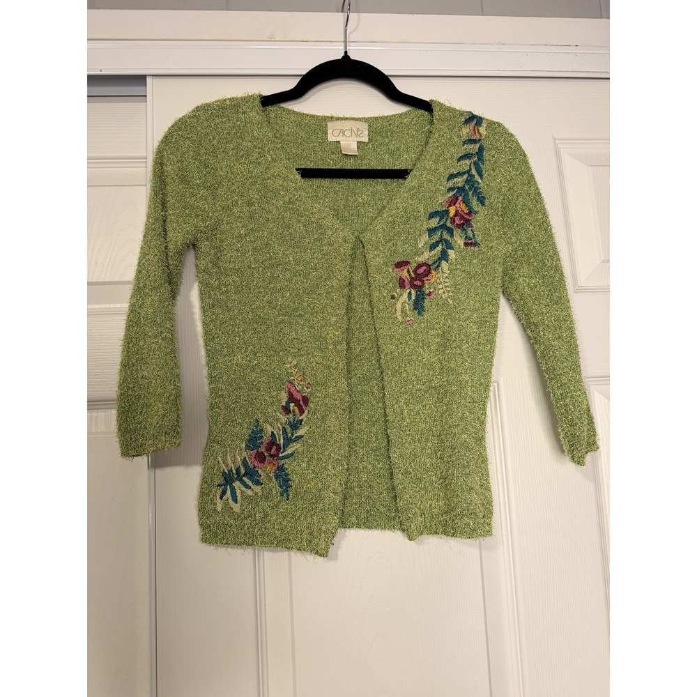 Vtg CACHE Y2K 90s Floral Embroidery Cardigan Sweater Cottagecore Indie Eyelash